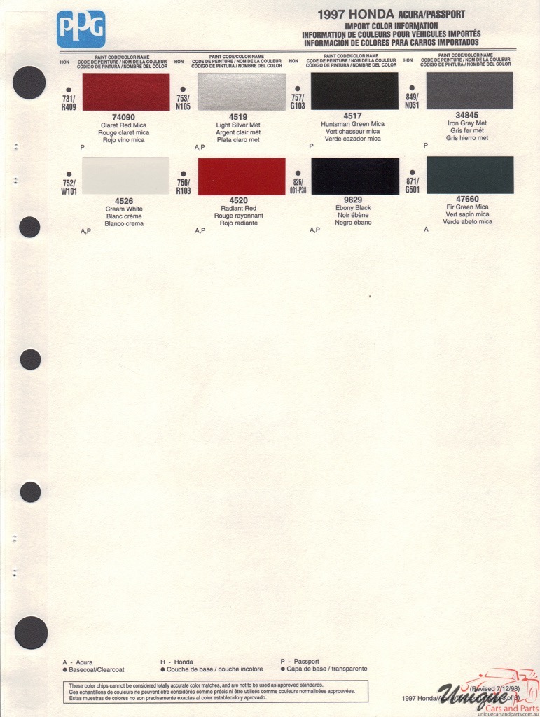 1997 Honda Paint Charts PPG 3